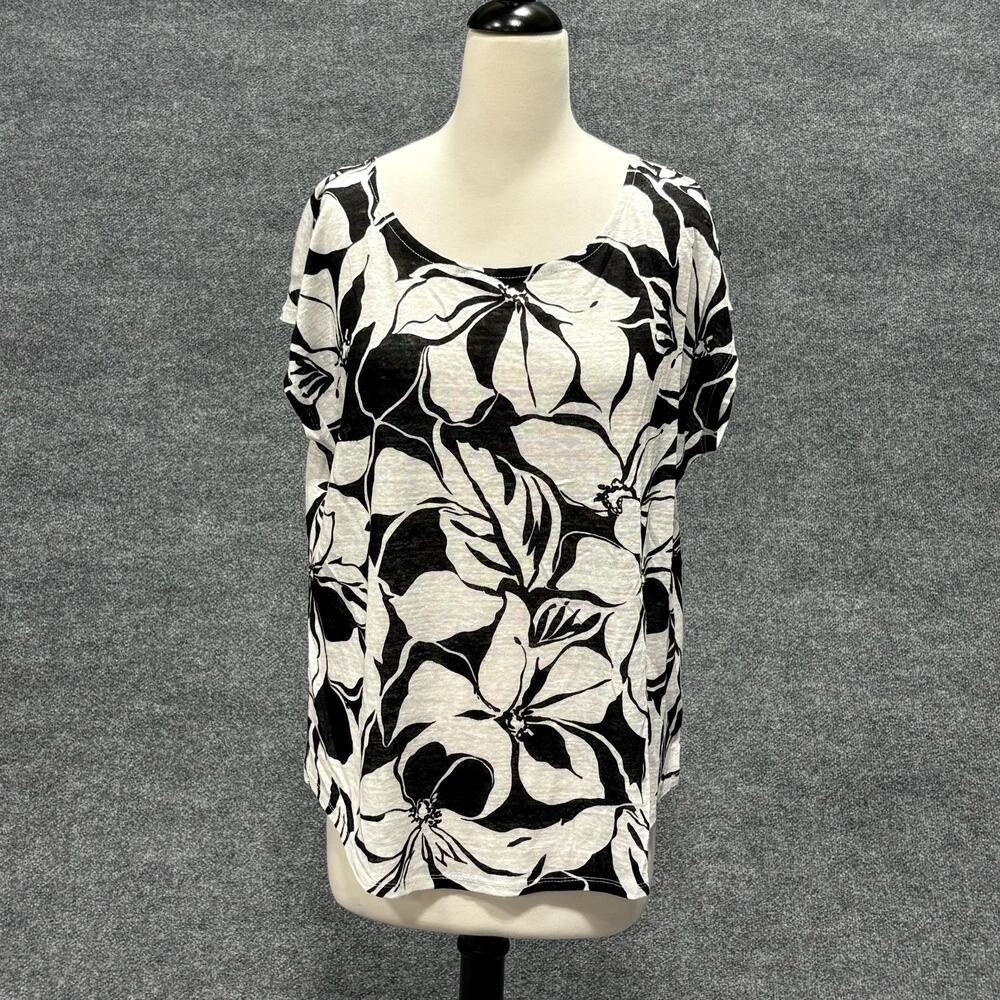 Cynthia Rowley Shirt Womens XL Black White Floral 100% Linen Scoop Neck Top